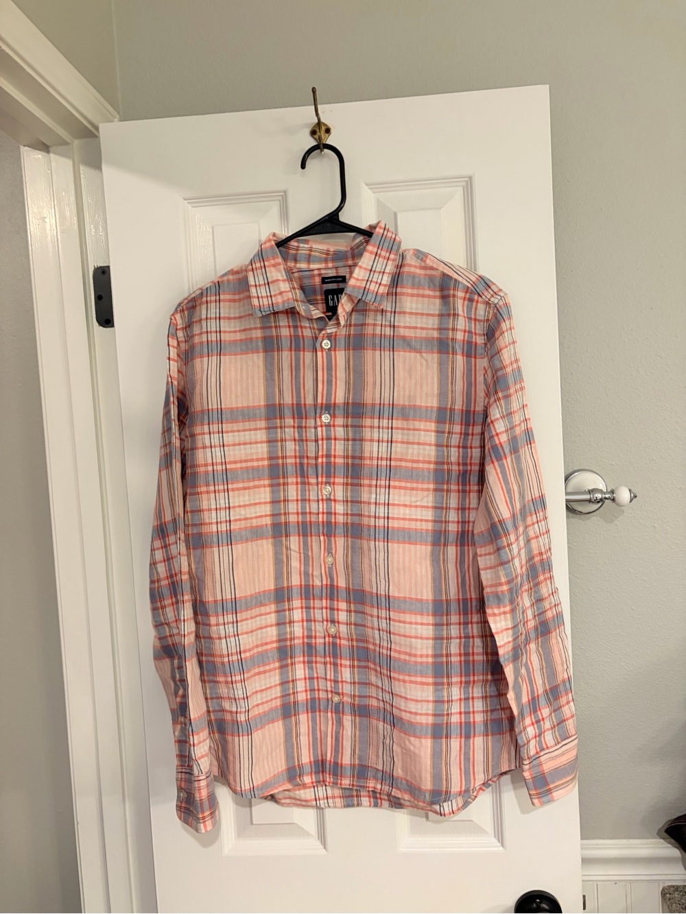Gap Men’s Small Peach Blue Red Plaid Linen Cotton Button Up Shirt
